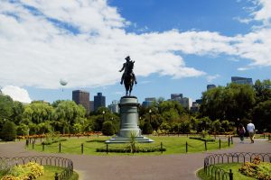 Low angle view of a statue in a garden, George Washington statue, Boston Public Garden, Boston, Massachusetts, USA